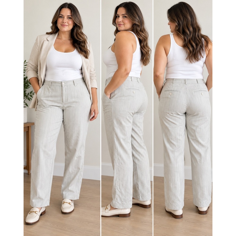 Mexx Women's Pinstripe Linen Blend Pants Size 20 Gray White Straight Leg Trouser